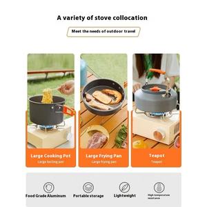 Batterie de cuisine de camping portable d'extérieur en acier inoxydable de trois pièces comprenant une bouilloire et une cuisinière à <span class=keywords><strong>cassette</strong></span> avec poêle à frire - Product Image 3