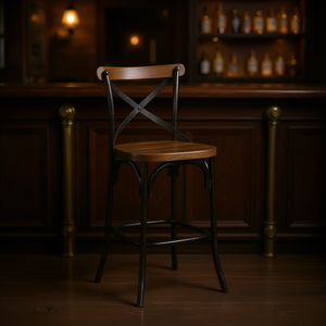 Tabouret de bar antique en métal noir avec assise en chêne et dossier croisé pour usage commercial - Product Image 2