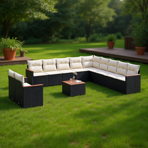 Cream White And Black <b>Rattan</b> Garden <b>Sofa</b> Set 10+ Seater Outdoor Furniture Contemporary Design - Product Image 2