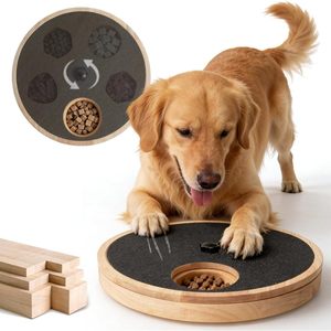Wooden dog <b>scratching</b> <b>post</b> with treat box, round claw and nail scraper. - Product Image 1