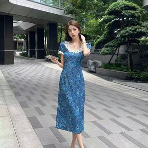 French Retro Blue Floral Print Dress Peter Pan Collar Slim Fit Vacation Wear Casual Dresses - Product Image 2