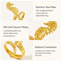 Bague ouverte réglable en acier inoxydable plaqué or 14K sous vide, motif hippocampe sculptural texturé, design affirmé