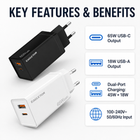 Charger USB-C 65W Grosir, Charger Cepat Dual Port, Colokan EU, Tipe-C USB-A, Blok Charger Dinding Teknologi GaN untuk iPhone iPad Samsung