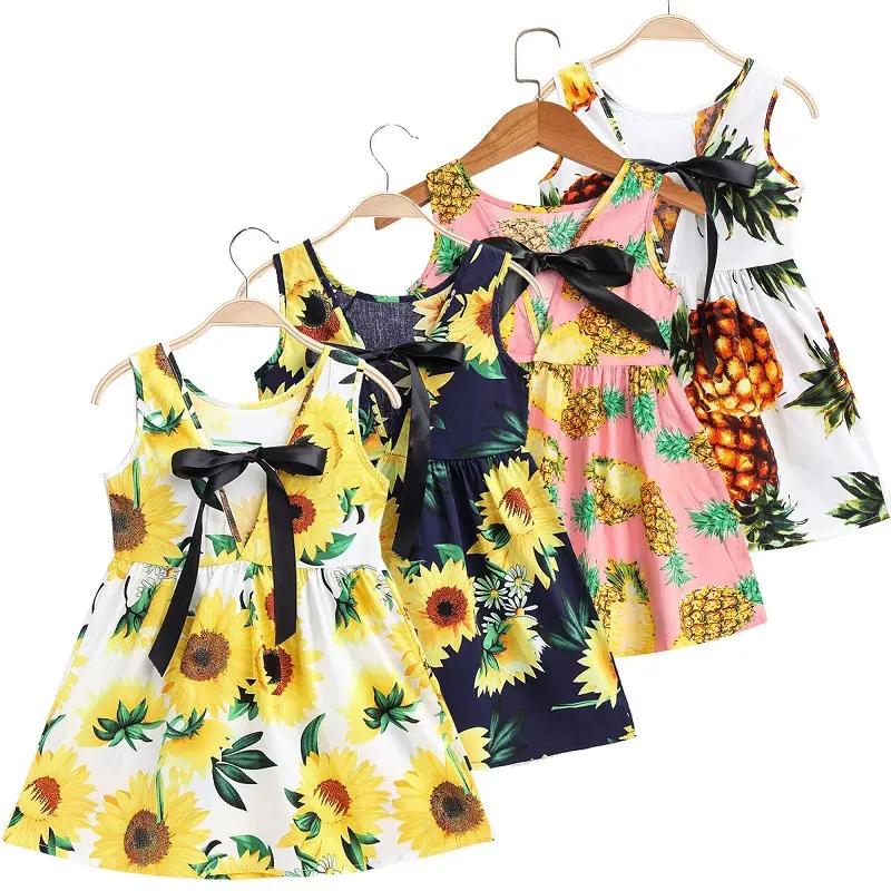 Children Girl Clothing Kids Clothes Flower Girls Dress Sleeveless Bow Casual Girl's Dresses with Floral Print Cotton Mini Spring