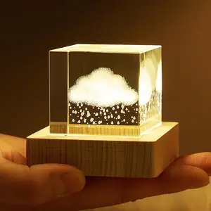 2024 New Night Light Laser Moon Crystal Block Cube Paperweight With Wooden Light Base MH-F0597