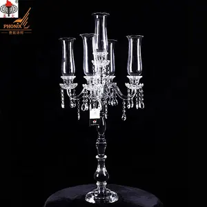 SH-056M Desain Kustom Klasik 5 Lengan Kristal Silinder Candelabra untuk Hiasan Tengah Pernikahan dengan Penutup Cerobong Lampu