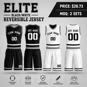 Maillot de basketball personnalisé réversible noir et blanc, ensemble uniforme sublimé double face, séchage rapide pour les sports universitaires, les ligues de loisirs et les clubs - Product Image 1