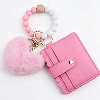 Porte-clés en cuir PU avec porte-cartes et fermoir mousqueton, motif cœur pompon en peluche et breloque boule de poils, avec portefeuille