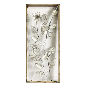 Chinese creative plant flower design wood frame metal interior hanging rustic art wall decor