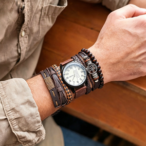 Set di Bracciali in Pelle Marrone Vintage per Uomo, Bracciali Intrecciati con <span class=keywords><strong>Albero</strong></span> <span class=keywords><strong>della</strong></span> <span class=keywords><strong>Vita</strong></span>, Accessorio Moda Maschile, Confezione Regalo Personalizzata - Product Image 4