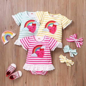 2021 Summer Baby Bodysuit 2 Pcs <strong>Lace</strong> Striped Love Rainbow Short Sleeve Baby <strong>Rompers</strong>+bow Headband Casual Sweet Baby Clothes 0-18M - Product Image 1