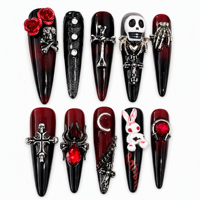 Lot de 10 faux ongles à presser, style stiletto gothique, avec motifs Halloween, crâne, rose, croix, araignée, faits à la main, vente en gros, dropshipping