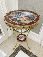 OE-FASHION Style Antique Vintage Laiton Tout Cuivre Céramique Petit Rond Double Rouge Couple Scénique Canapé Table D'appoint En Bois Matériel