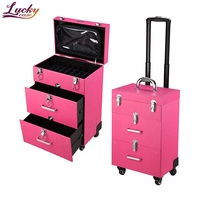 Valise de Maquillage Professionnelle à Roulettes Grande Taille, Trolley de Voyage en PVC pour Cosmétiques, Organisateur de Vernis à Ongles à 4 Roues Verrouillables