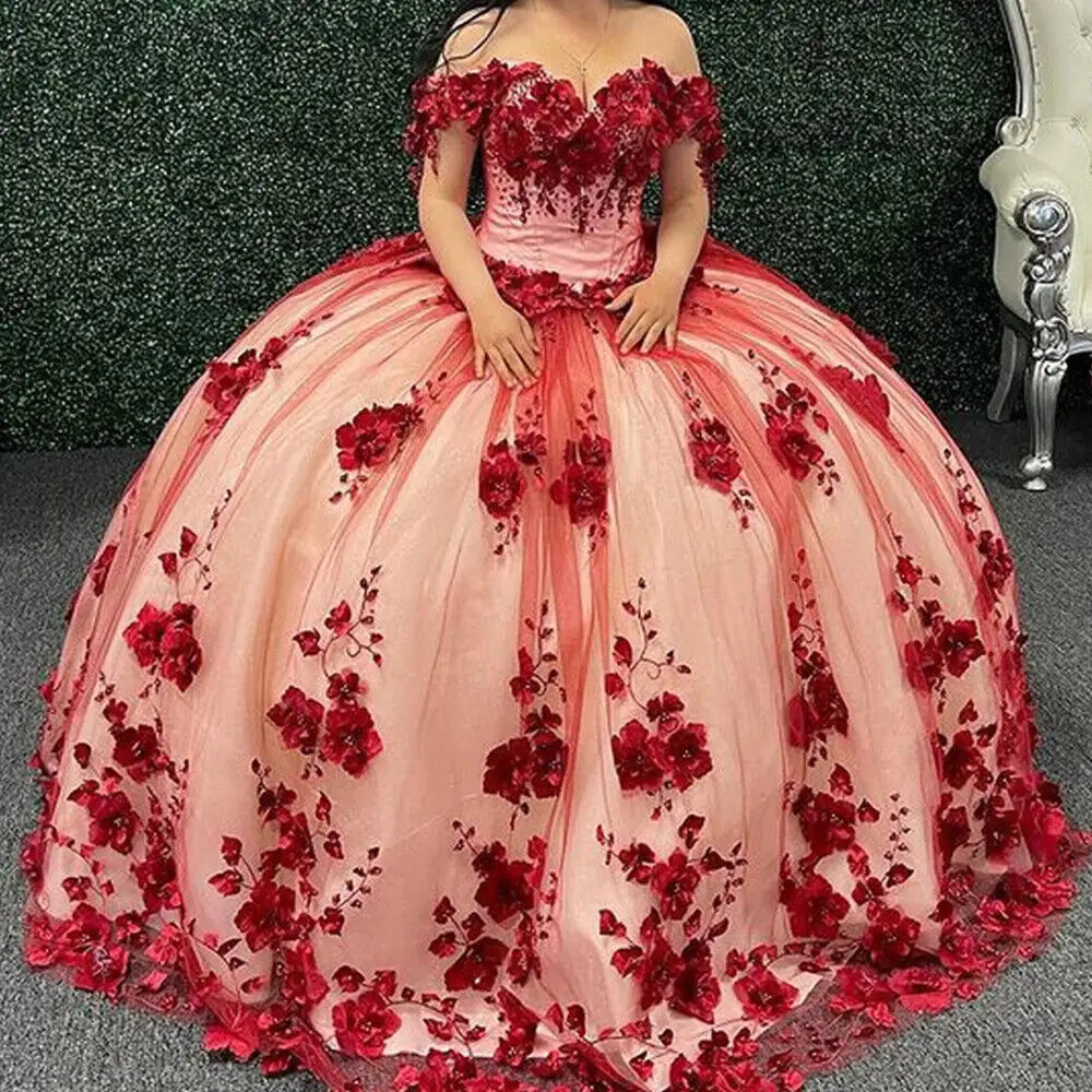Off Shoulder Princess Quinceanera Dresses Beaded Dark Red 3D Lace Applique Ball Gown Sweet 15 16 Dresses