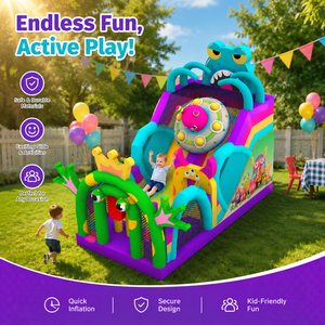 Structure gonflable commerciale à thème monstre avec toboggan et espace de jeu pour enfants, idéale pour la location événementielle - Product Image 2