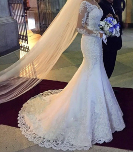 Luxury Mermaid V Neckline <b>Sequin</b> White Color Brazilian Long Sleeve Lace Wedding Dresses - Product Image 2