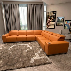 Ensemble de canapés modulaires en cuir véritable en forme de L avec fonction inclinable et chargeur intégré, idéal pour la salle de sport, le centre commercial ou l'entrepôt - Product Image 1
