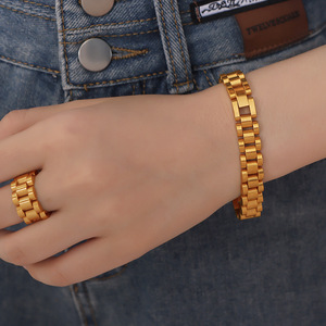 ชุดสายนาฬิกาสแตนเลส ดีไซน์เรขาคณิต เครื่องประดับแฟชั่นสำหรับทุกเพศ สร้อยข้อมือ แหวน ของตกแต่ง - Product Image 4