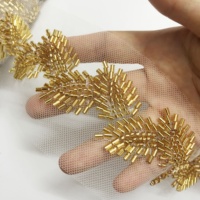 Garniture en dentelle à motifs de feuilles d'or décoratives, broderie perlée, maille, LT2605B