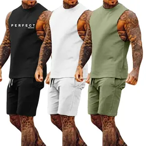 Set celana pendek 2023 tanpa lengan pria, Set dua potong pakaian olahraga LOGO kustom atasan warna Solid