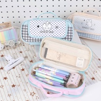 L.53002 Trousse à crayons chat Kawaii à rabat à carreaux, grande capacité, pochette de rangement portable, double compartiment, pour étudiant