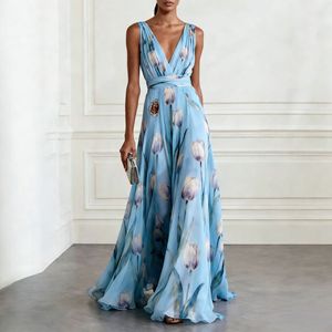 Robe longue sans manches pour femme, imprimé tulipes, col en V, en mousseline, décontractée, taille naturelle, écologique - Product Image 1
