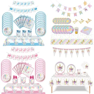 Set di stoviglie usa e getta per unicorno rosa animale Banner per feste di compleanno per bambina forniture per piatti per bicchieri di carta con elefante rosa