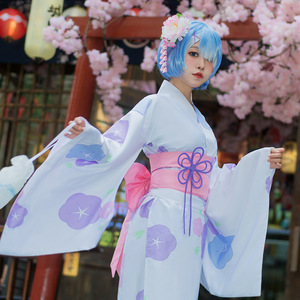 Rem Cosplay Costume Women's Kimono Yukata Polyester Fiber Anime Role Play Summer 2021 - Product Image 5