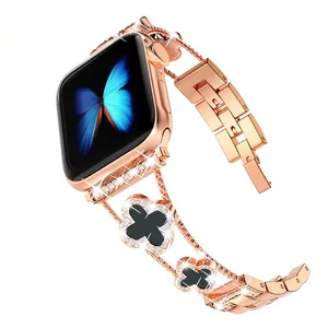 Fashion Girls Women Bracelet Stainless Steel Watch Strap 4 Leaf Clover Watch Band For Apple Iwatch