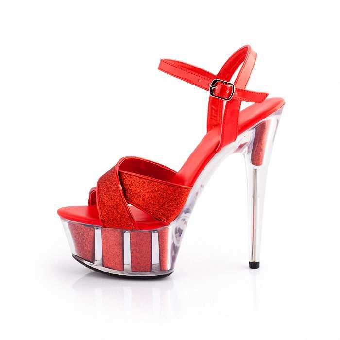 Red 15cm pole dance transparent crystal bottom high heels summer leaky toe platform striptease shoes women's large sandals