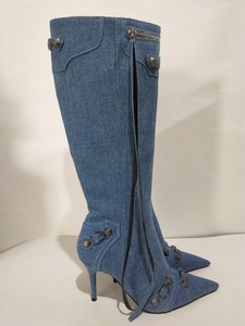 Nouvelles bottes pour femmes en denim, style rétro, à franges, tendance, talon aiguille, longueur genou - Product Image 2
