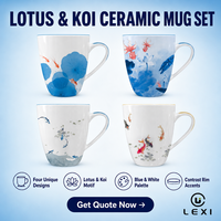 Tasse en céramique avec impression de lotus et de poisson rouge à l'encre de soie chinoise, quatre motifs assortis, compatible micro-ondes, 401-500 ml, pour la maison
