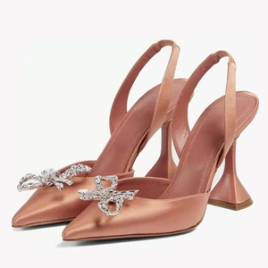 Women Satin High Kitten Heels Sandals Summer Pointed Toe Back Strap <b>Shoes</b> Bling Rhinestone Bow Dress Stiletto Slingback - Product Image 6