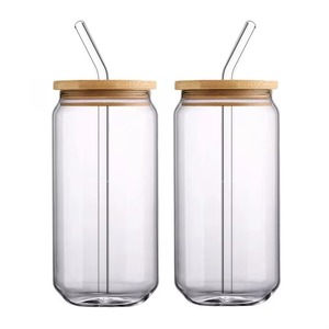 Grande boîte de conserve en verre borosilicaté 16oz 500ml avec couvercle en bambou et paille, entrepôt aux États-Unis - Product Image 2