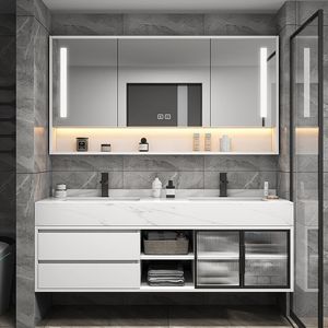 Gray Intelligent <b>Bathroom</b> Vanity Unit Double Sink Honeycomb <b>Smart</b> <b>Mirror</b> LED Light Melamine Board Lacquer Finish Water Resistant - Product Image 4
