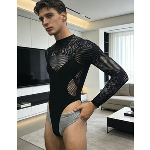 Combinaison en maille à manches longues pour homme, noire, en spandex et polyester, pour la danse sur scène - Product Image 3