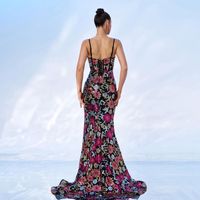 Robe de soirée pour femme, taille haute, coupe ajustée, col en V, à bretelles, scintillante, fendue, style bal et ville