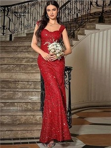 Vestido de noche europeo y americano de estilo medioriental, de color sólido, con cuello en U, tirantes de lentejuelas, cintura alta y corte de cola de pez. - Product Image 4