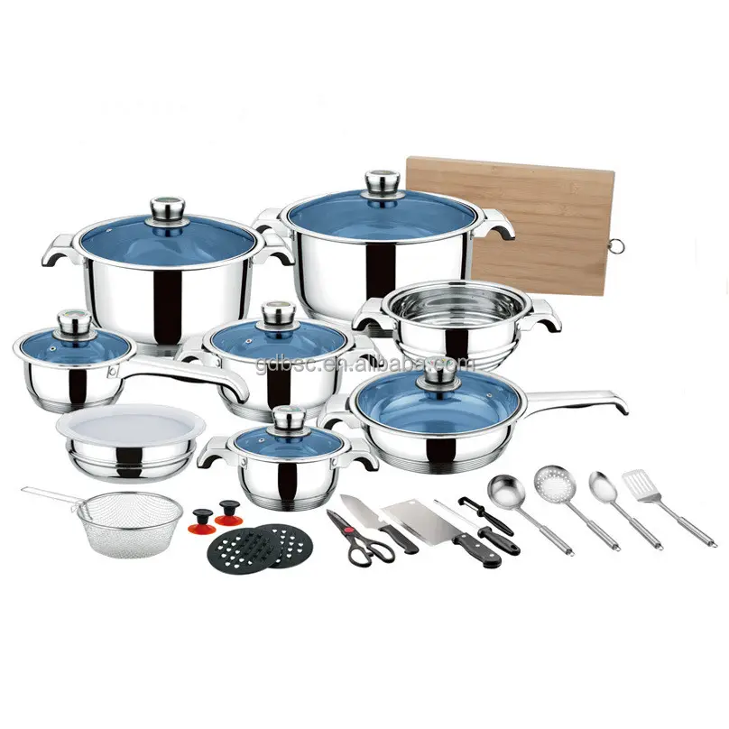 30 Pcs Aço Inoxidável Bent Handle Cooking Pot Set Com Tampa De Vidro Azul Botão Termômetro Indução Cookware Set