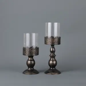 Vintage wedding metal black white pillar candle holder antique hurricane candlestick with glass screen cover