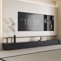 Meuble TV mural en bois flottant, console multimédia, panneau à lattes noir mat, étagère de présentation pour salon moderne