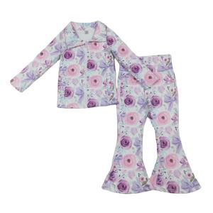 RTS Boutique Vêtements de Sport pour Enfants Arcs de Fleurs Manteau à Fermeture Éclair Pantalon Évasé 2 Pièces Tenues Yoga Vente en Gros Tenues pour Enfants - Product Image 1