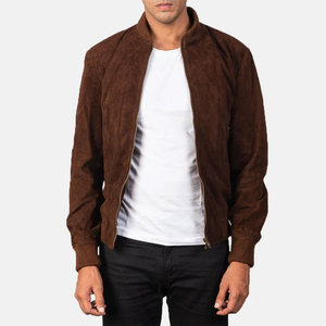 Chaqueta Bomber de Gamuza Marrón para Hombre, Cuello Alto, Cierre de Cremallera, Estilo Casual para Otoño - Product Image 1