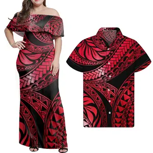 Red Couple's Clothing Set Gym Ladies African Couple Clothing Polynesian Tribal Design Women Funky Dresses Matching Man Shirts