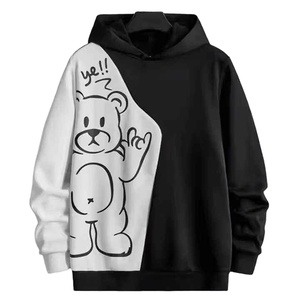 Cozy oversized unisex <b>hoodie</b> with <b>bear</b> print, thermal lining, and patchwork design. Perfect loose fit streetwear for winter. - Product Image 1