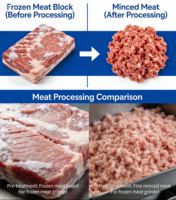 Machine à déchiqueter la viande congelée, pour la transformation des morceaux de bœuf, la déchiquetage des blocs de viande crue congelée, pour le traitement des matières premières alimentaires.