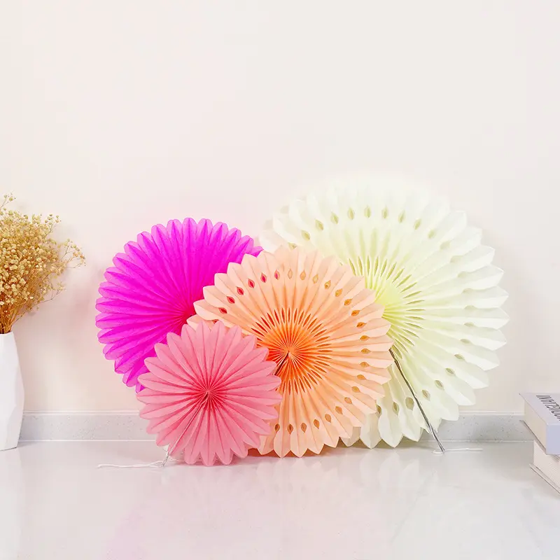 Festival Wall Decoration Colorful Rosettes Folding Honeycomb Tissue Paper Fans with Handle and Paper Clip for Birthday Party