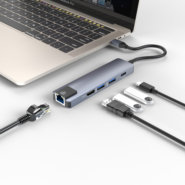 New Pore Usb-C 4K Combo Multi 5 in 1 for Macbook Pro Usb 3.0 Port Ethernet Adapter Type C Data Por Charging Type-C Hub