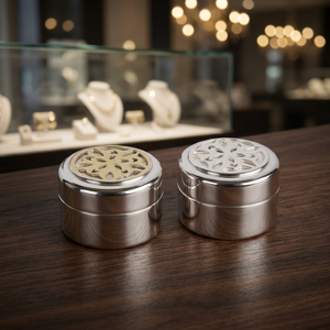 Boîte à bijoux en laiton plaqué argent, fabriquée à la main, avec base en laiton et protection laquée - Product Image 2